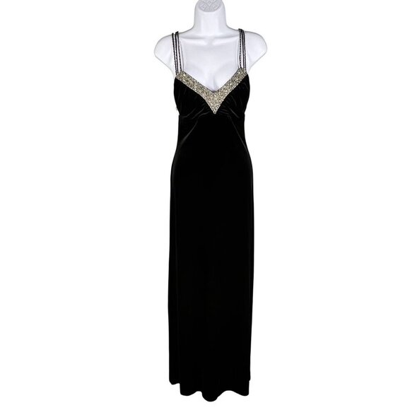 Y2K Dave & Johnny 7/8 Black Velvet Jeweled Formal Gown Crisscross Back Straps - Picture 2 of 12